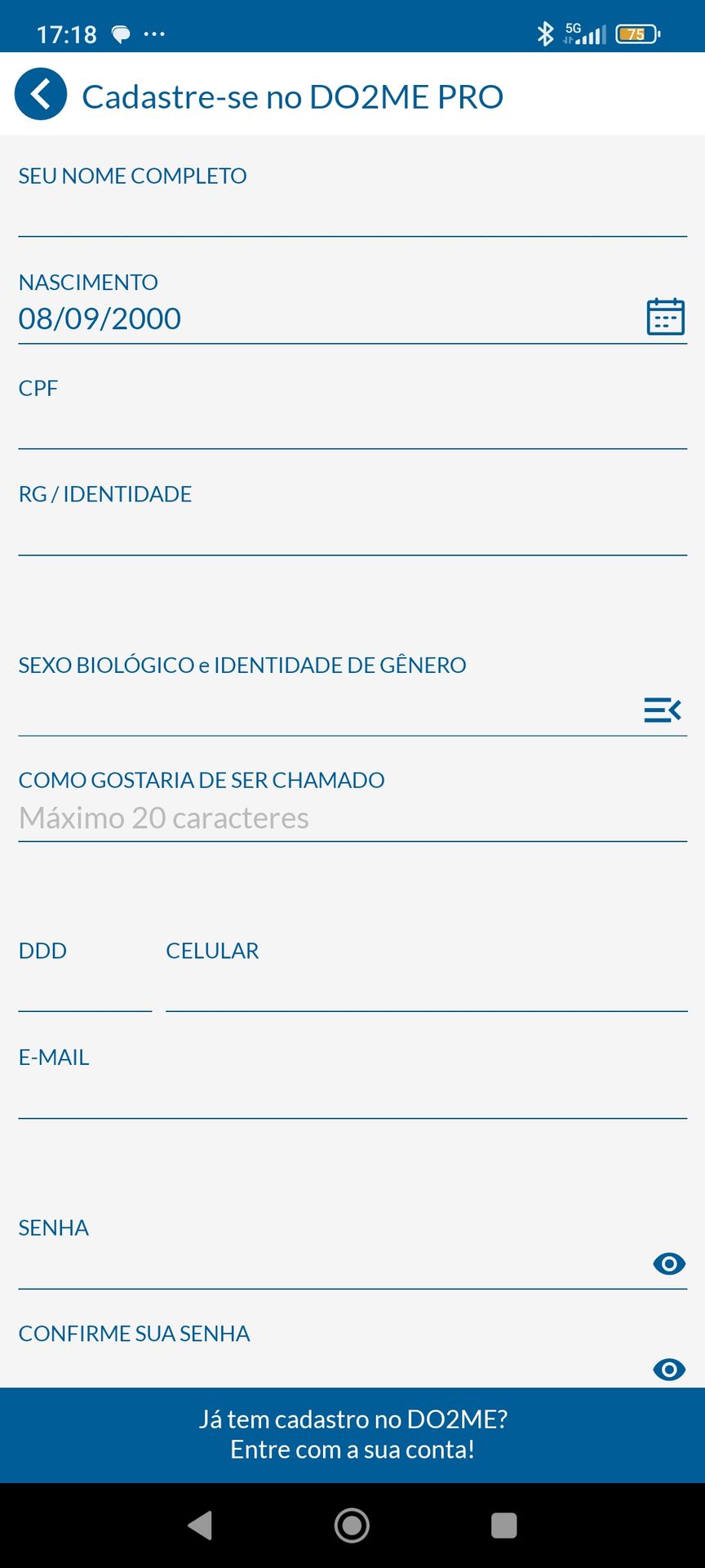 Tela de configuração sobre o Profissional